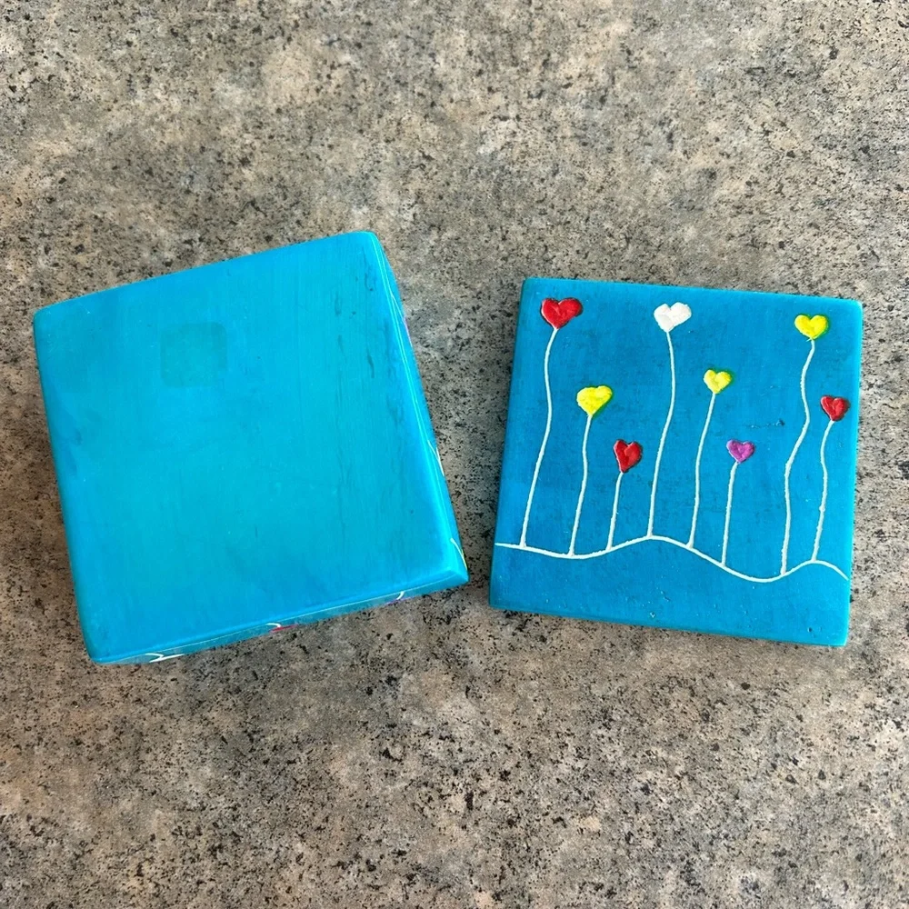 💙 Heart Flower Jewelry Trinket Box Turquoise-Colored Soapstone Fair Trade NWOT